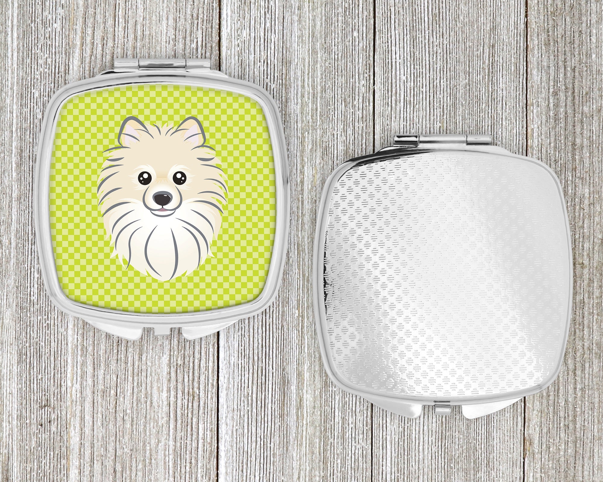 Checkerboard Lime Green Pomeranian Compact Mirror Decorative Travel Makeup Mirror for Women Girls Gifts Pocket Makeup Mirror Folding Handheld