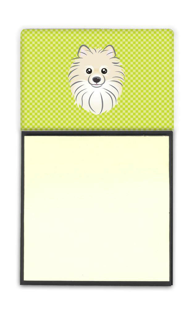 Checkerboard Lime Green Pomeranian Watercolor Sticky Note Holder Refillable Dispenser Desk Accessory 3x3 Pad Gift