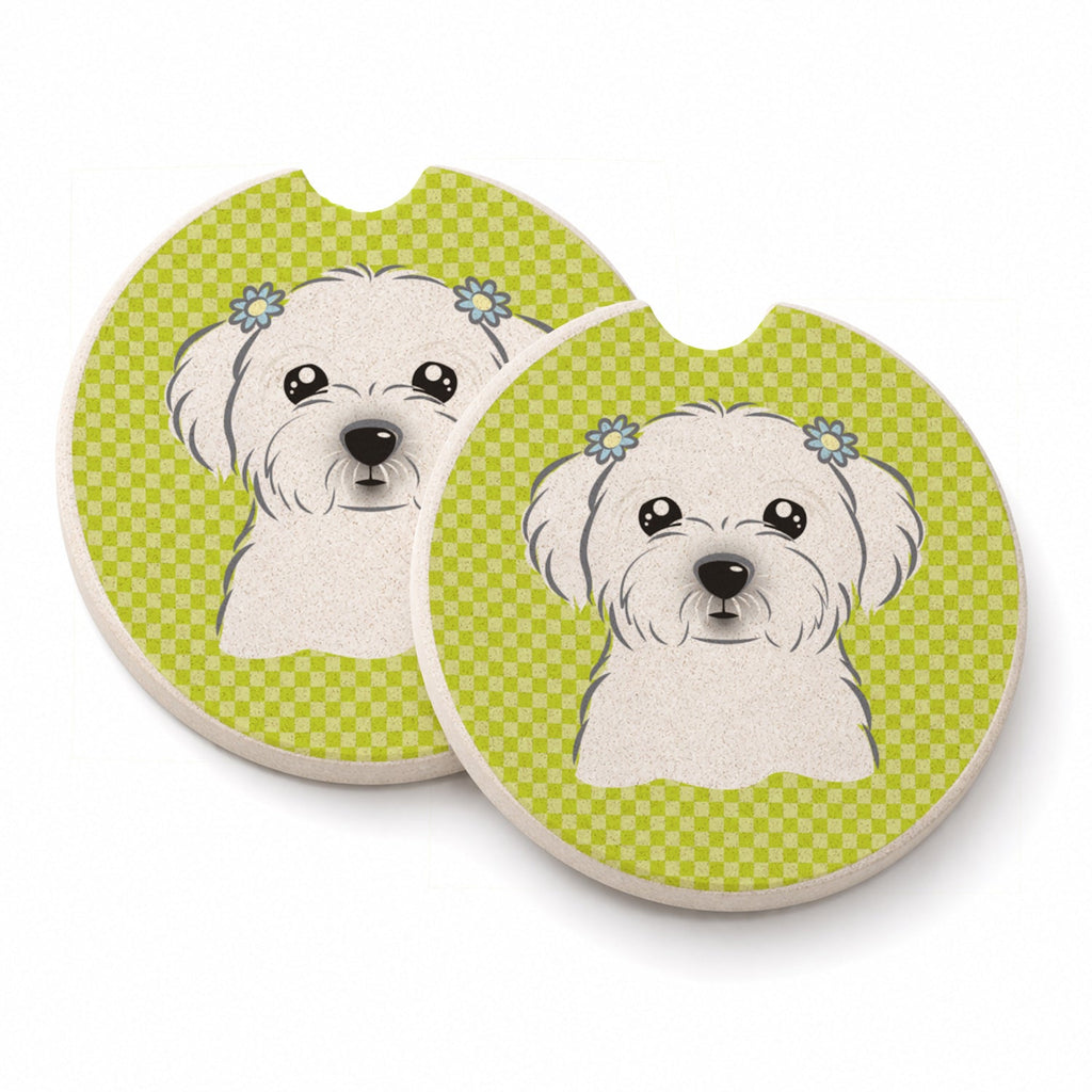 Checkerboard Lime Green Maltese Set of 2 Cup Holder Car Coasters Absorbent Round Sandstone Coasters Gifts for Men or Women, 2.5, Multicolor