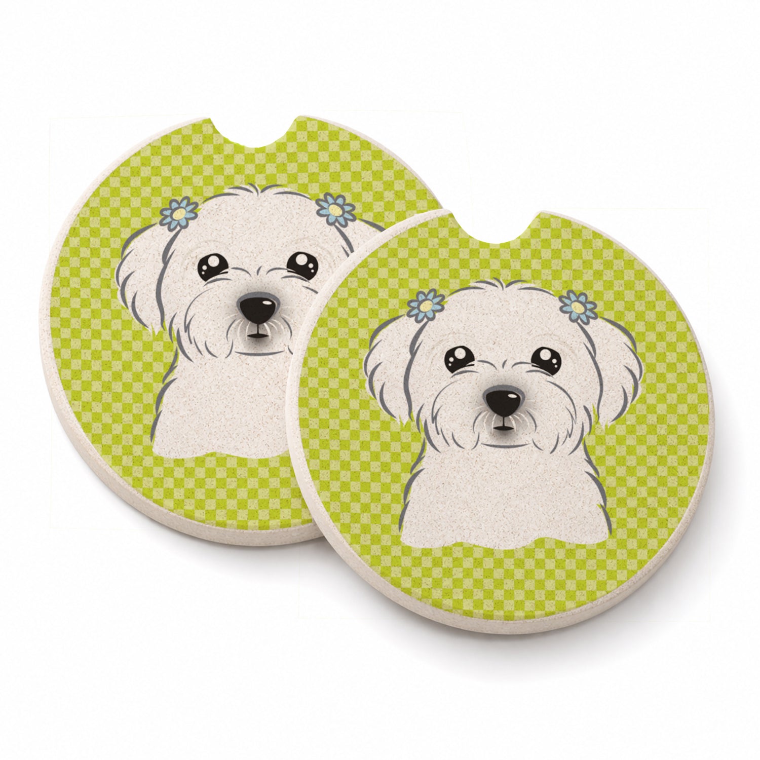 Checkerboard Lime Green Maltese Set of 2 Cup Holder Car Coasters Absorbent Round Sandstone Coasters Gifts for Men or Women, 2.5, Multicolor