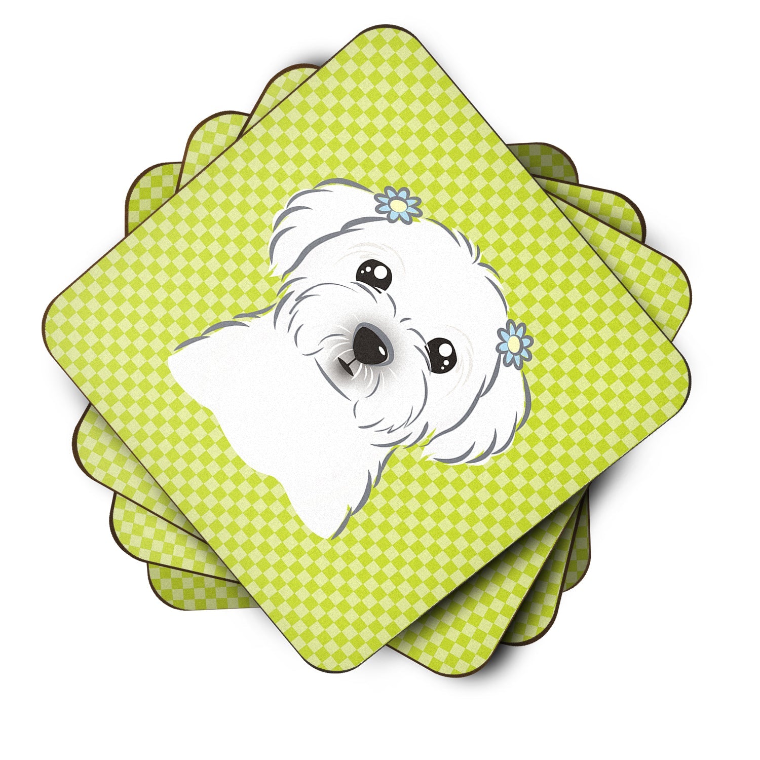 Checkerboard Lime Green Maltese Foam Coasters Set of 4 Cup Coasters for Indoor Outdoor, Tabletop Protection, Anti Slip, Mouse pad Material
