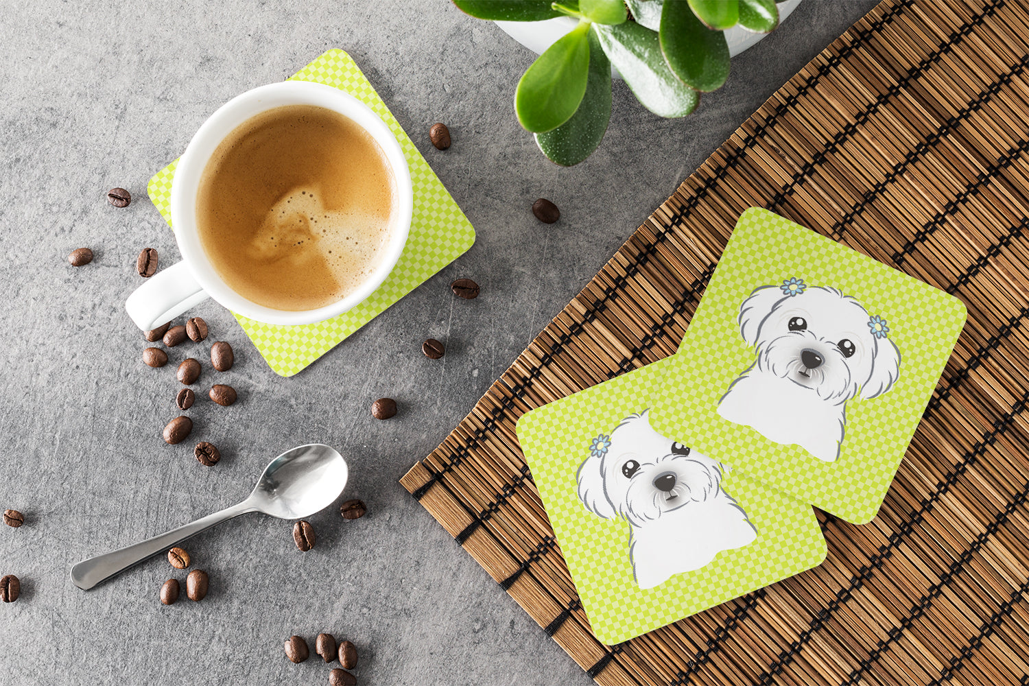 Checkerboard Lime Green Maltese Foam Coasters Set of 4 Cup Coasters for Indoor Outdoor, Tabletop Protection, Anti Slip, Mouse pad Material