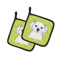 Checkerboard Lime Green Maltese Pot Holder Set of 2 Heat Resistant Quilted Hot Pads 7.5 x 7.5 Inch, Insulated Kitchen Trivets for Cooking & Baking
