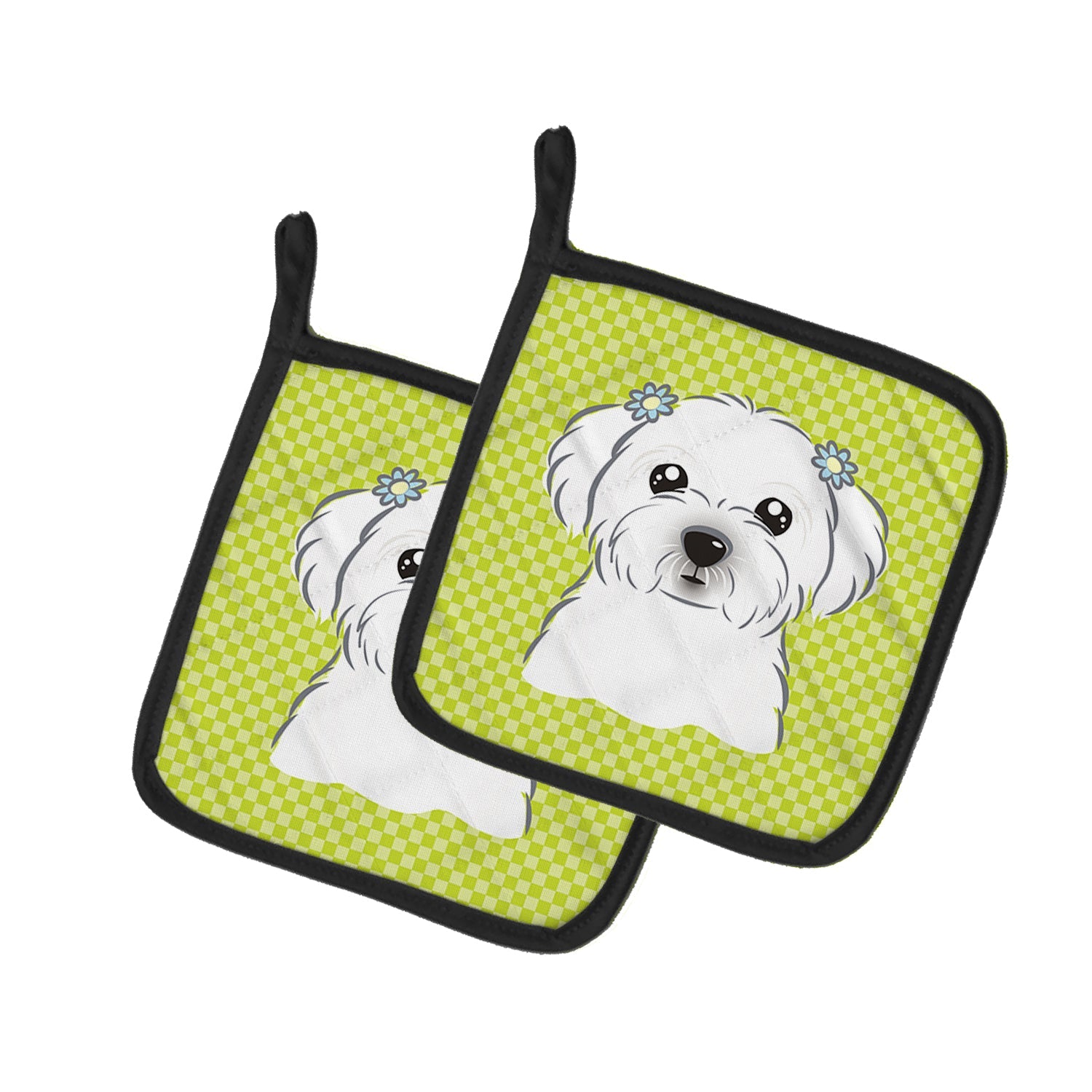 Checkerboard Lime Green Maltese Pot Holder Set of 2 Heat Resistant Quilted Hot Pads 7.5 x 7.5 Inch, Insulated Kitchen Trivets for Cooking & Baking