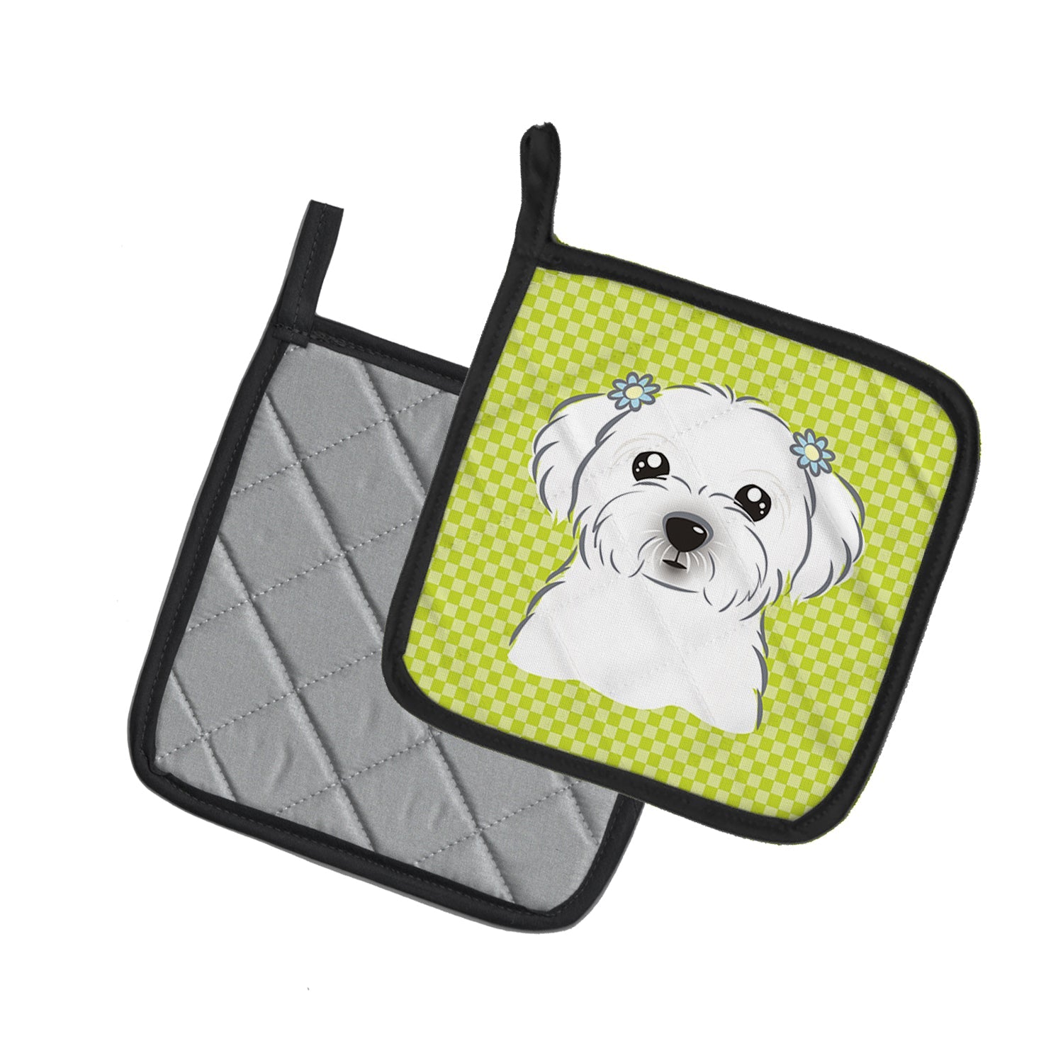 Checkerboard Lime Green Maltese Pot Holder Set of 2 Heat Resistant Quilted Hot Pads 7.5 x 7.5 Inch, Insulated Kitchen Trivets for Cooking & Baking