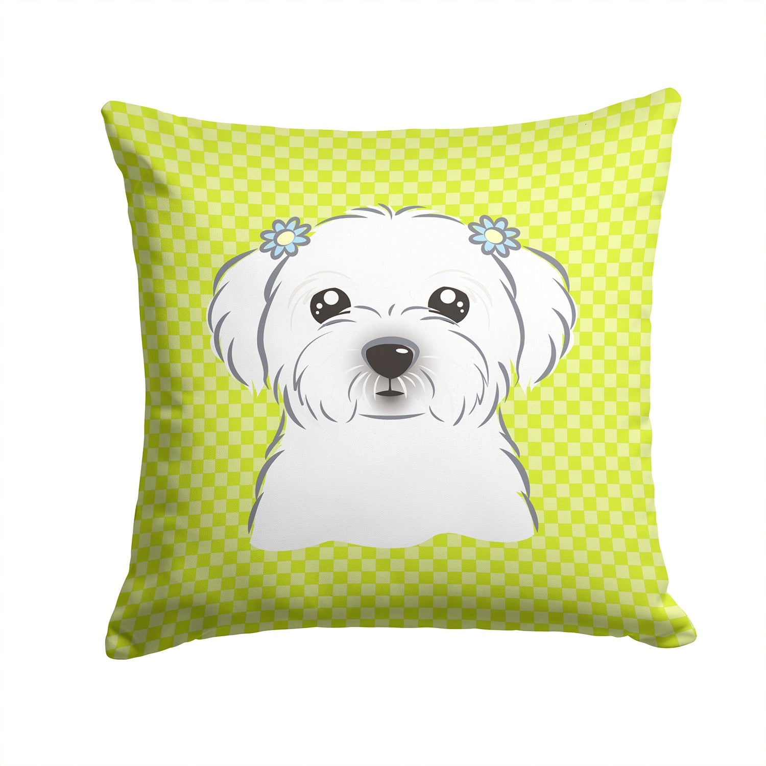 Checkerboard Lime Green Maltese Decorative Throw Pillow 14x14 Indoor Outdoor Accent Cushion, Fabric Cover with Insert for Sofa, Bed, Porch & Living Room