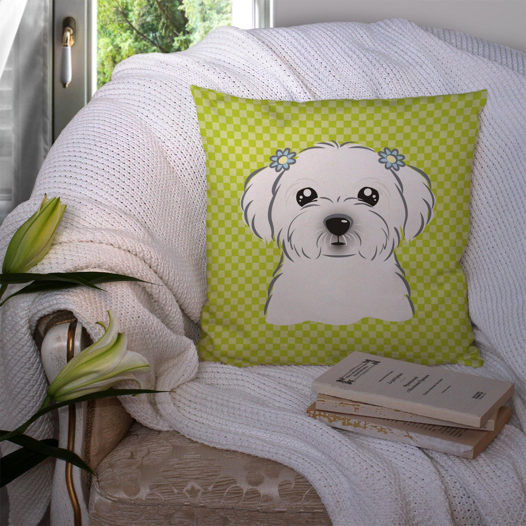 Checkerboard Lime Green Maltese Decorative Throw Pillow 14x14 Indoor Outdoor Accent Cushion, Fabric Cover with Insert for Sofa, Bed, Porch & Living Room
