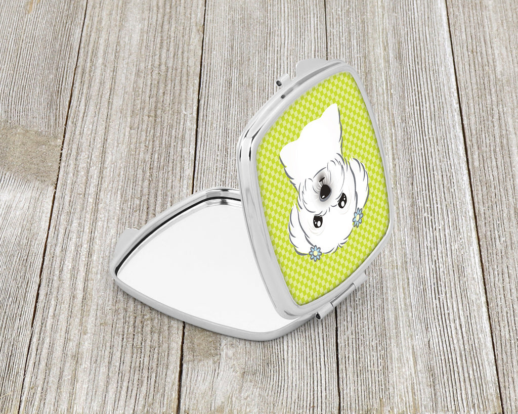 Checkerboard Lime Green Maltese Compact Mirror Decorative Travel Makeup Mirror for Women Girls Gifts Pocket Makeup Mirror Folding Handheld