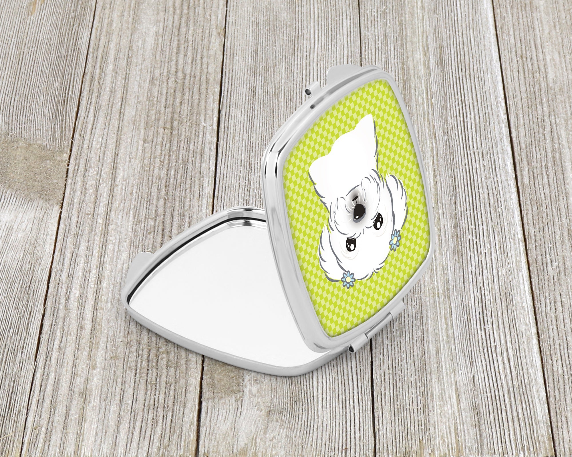 Checkerboard Lime Green Maltese Compact Mirror Decorative Travel Makeup Mirror for Women Girls Gifts Pocket Makeup Mirror Folding Handheld