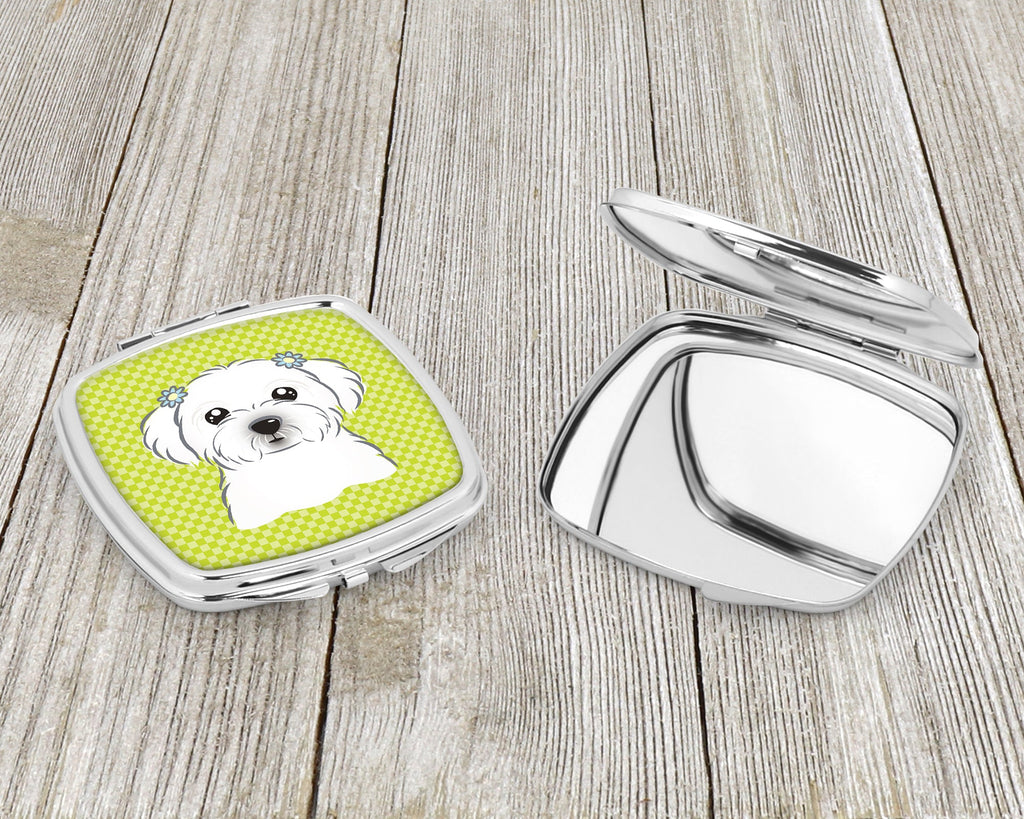 Checkerboard Lime Green Maltese Compact Mirror Decorative Travel Makeup Mirror for Women Girls Gifts Pocket Makeup Mirror Folding Handheld