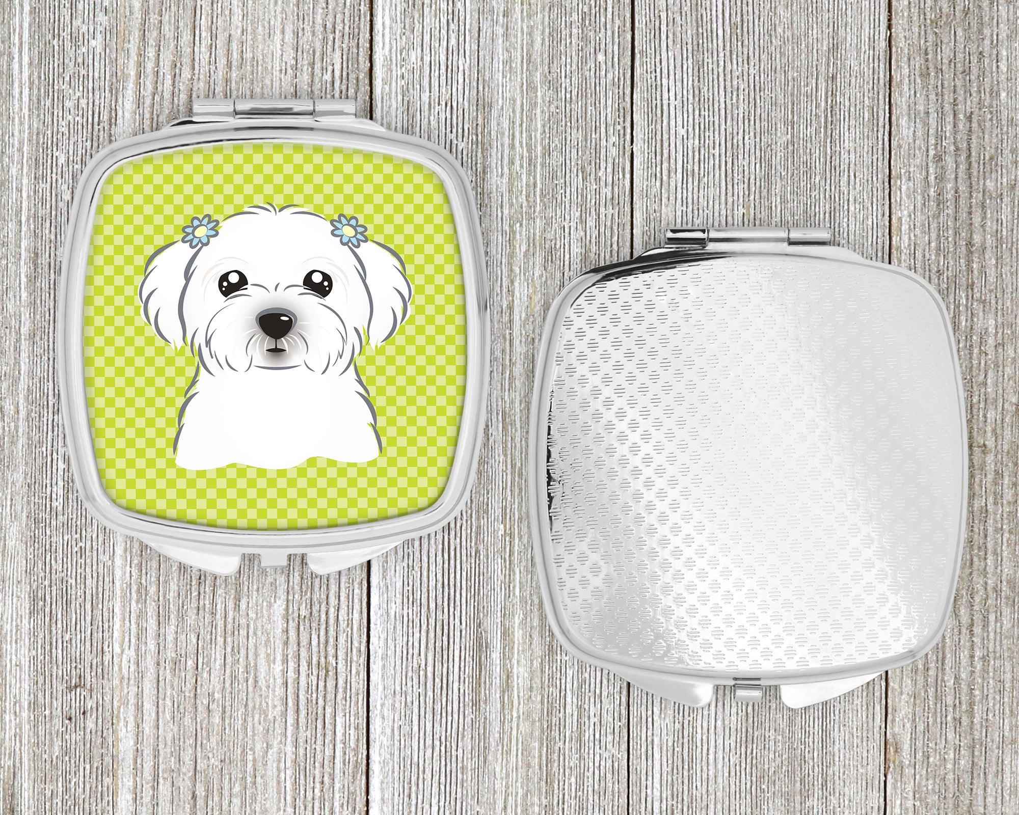Checkerboard Lime Green Maltese Compact Mirror Decorative Travel Makeup Mirror for Women Girls Gifts Pocket Makeup Mirror Folding Handheld