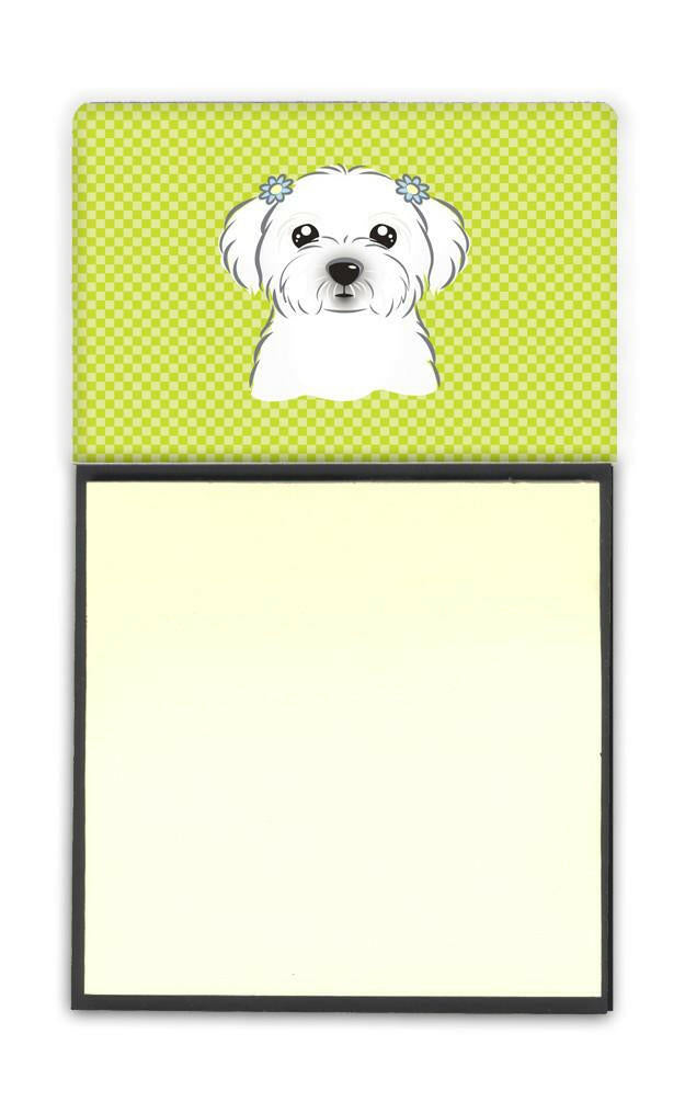 Checkerboard Lime Green Maltese Watercolor Sticky Note Holder Refillable Dispenser Desk Accessory 3x3 Pad Gift
