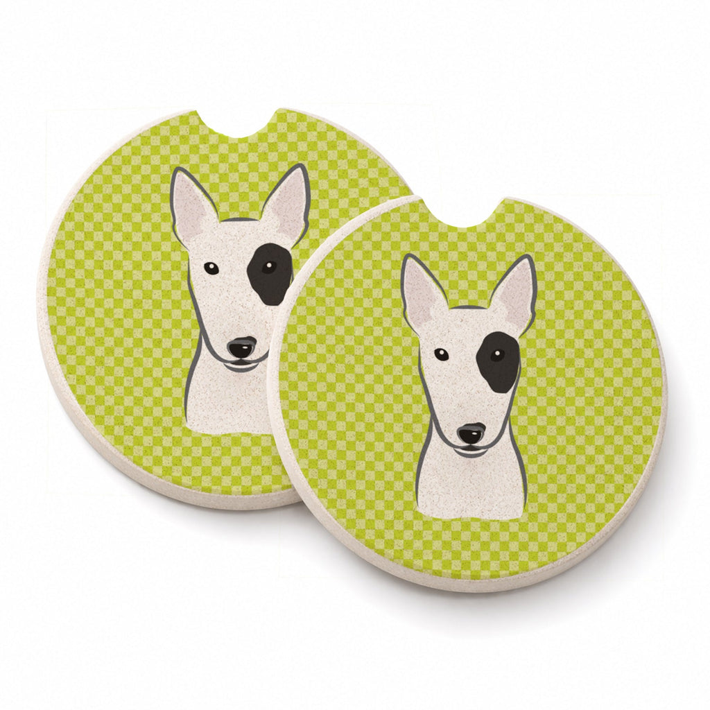 Checkerboard Lime Green Bull Terrier Set of 2 Cup Holder Car Coasters Absorbent Round Sandstone Coasters Gifts for Men or Women, 2.5, Multicolor