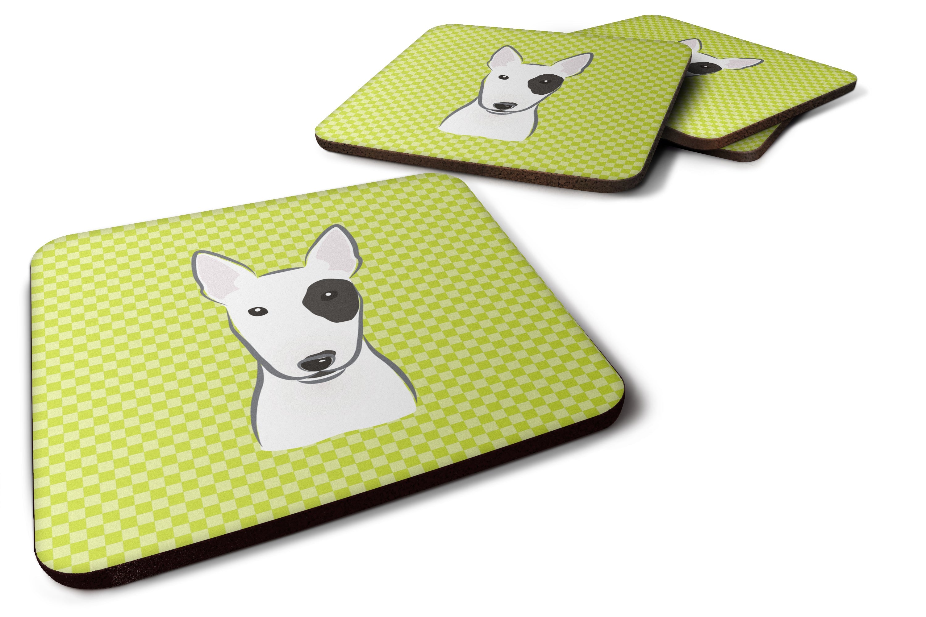 Checkerboard Lime Green Bull Terrier Foam Coasters Set of 4 Cup Coasters for Indoor Outdoor, Tabletop Protection, Anti Slip, Mouse pad Material