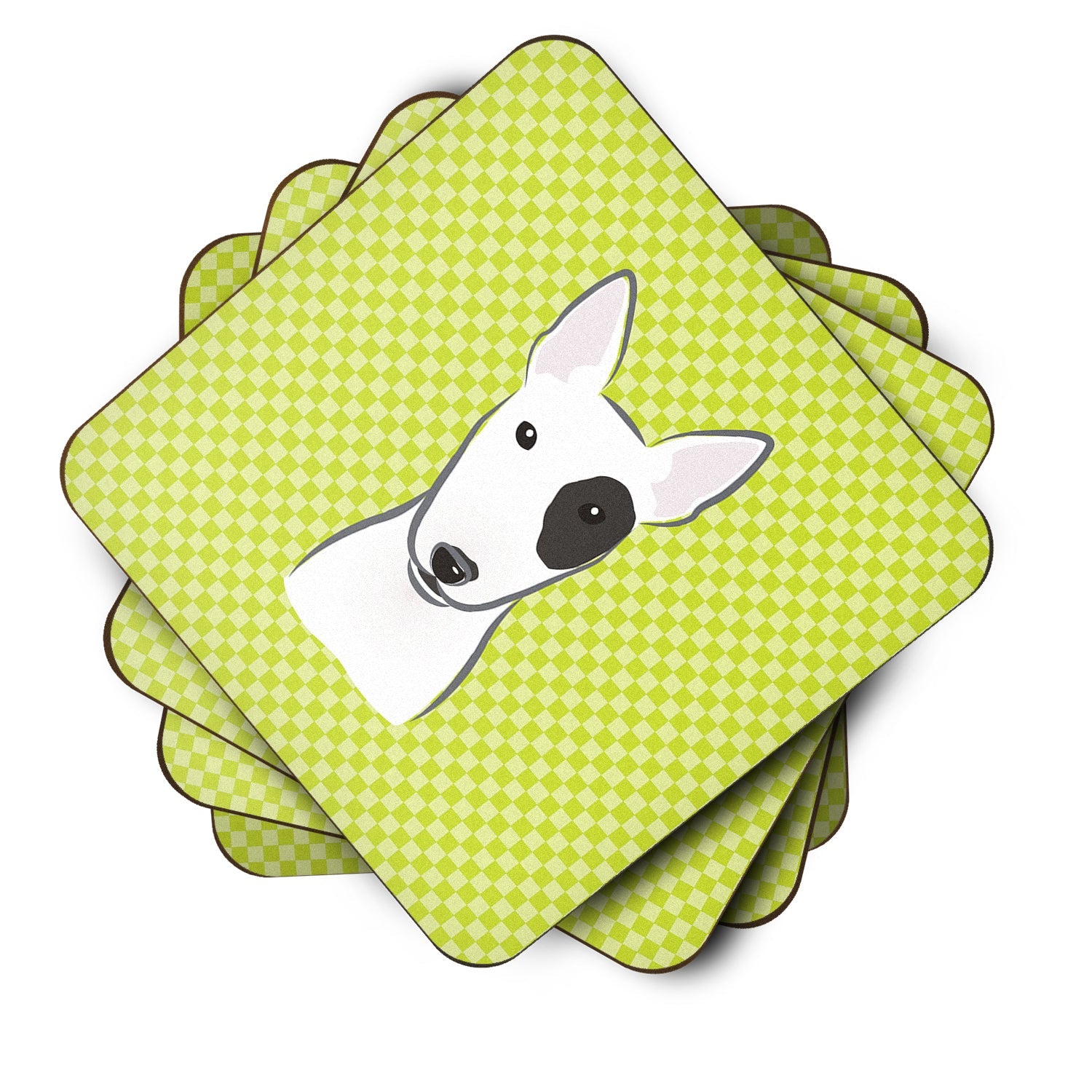Checkerboard Lime Green Bull Terrier Foam Coasters Set of 4 Cup Coasters for Indoor Outdoor, Tabletop Protection, Anti Slip, Mouse pad Material