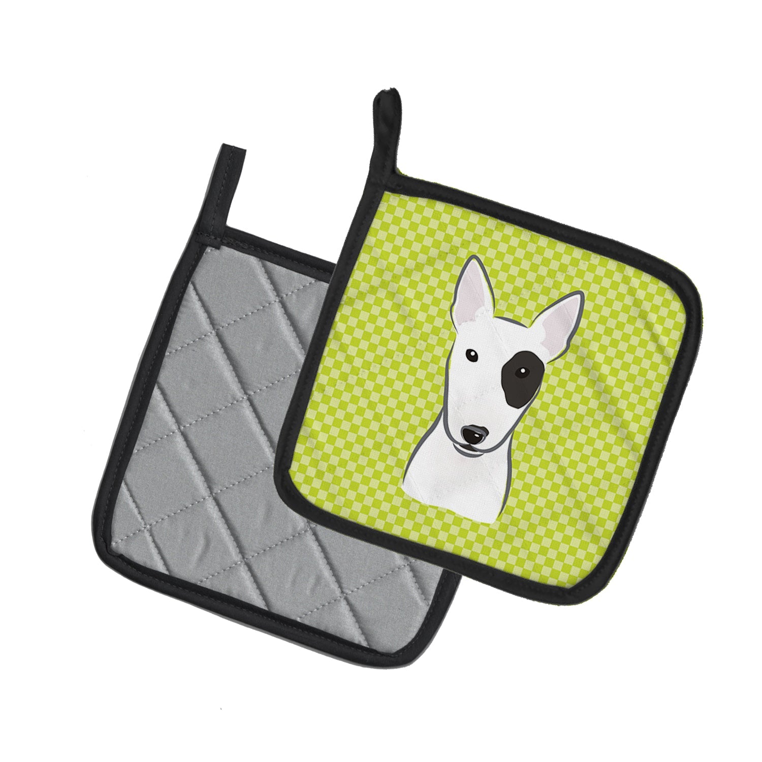 Checkerboard Lime Green Bull Terrier Pot Holder Set of 2 Heat Resistant Quilted Hot Pads 7.5 x 7.5 Inch, Insulated Kitchen Trivets for Cooking & Baking