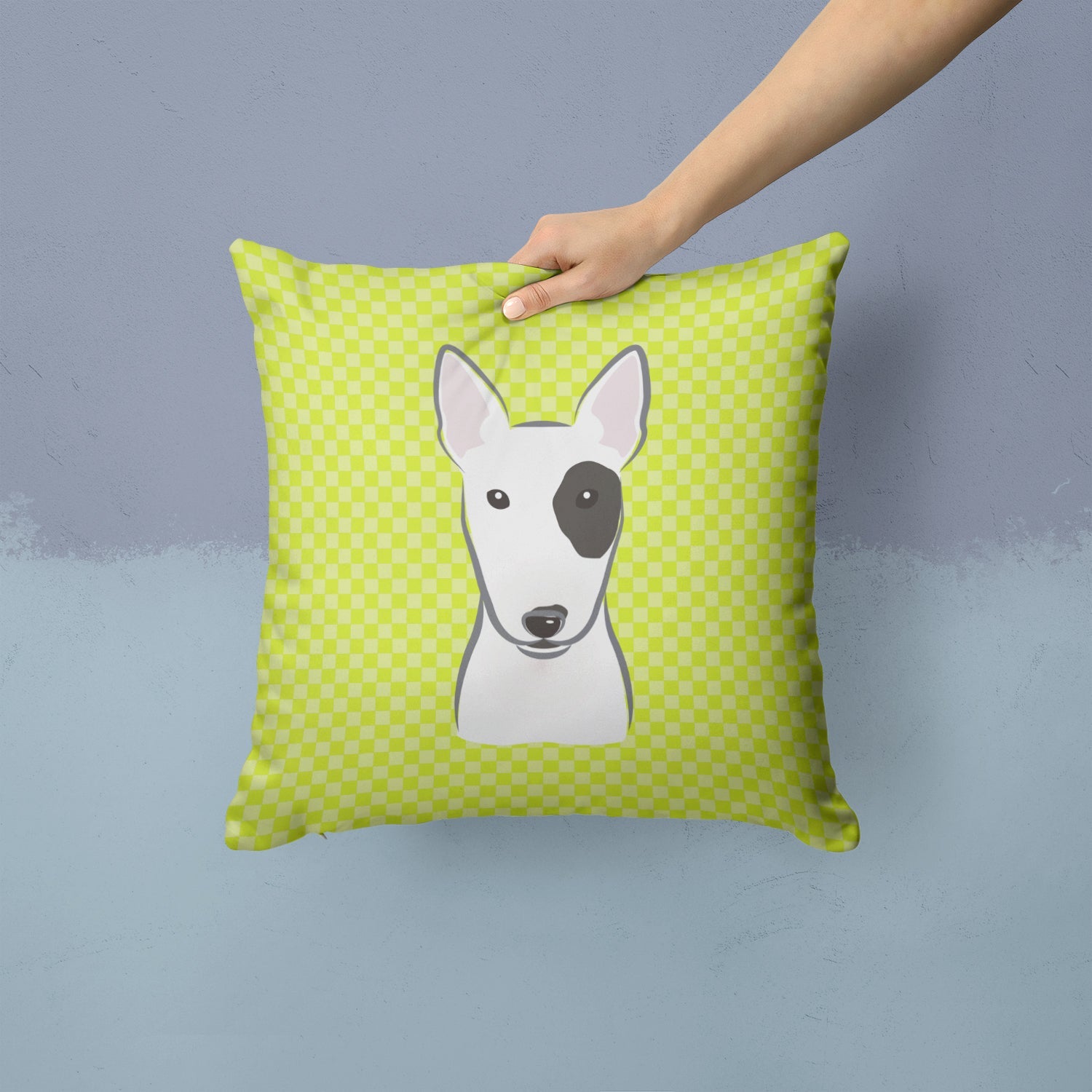 Checkerboard Lime Green Bull Terrier Decorative Throw Pillow 14x14 Indoor Outdoor Accent Cushion, Fabric Cover with Insert for Sofa, Bed, Porch & Living Room