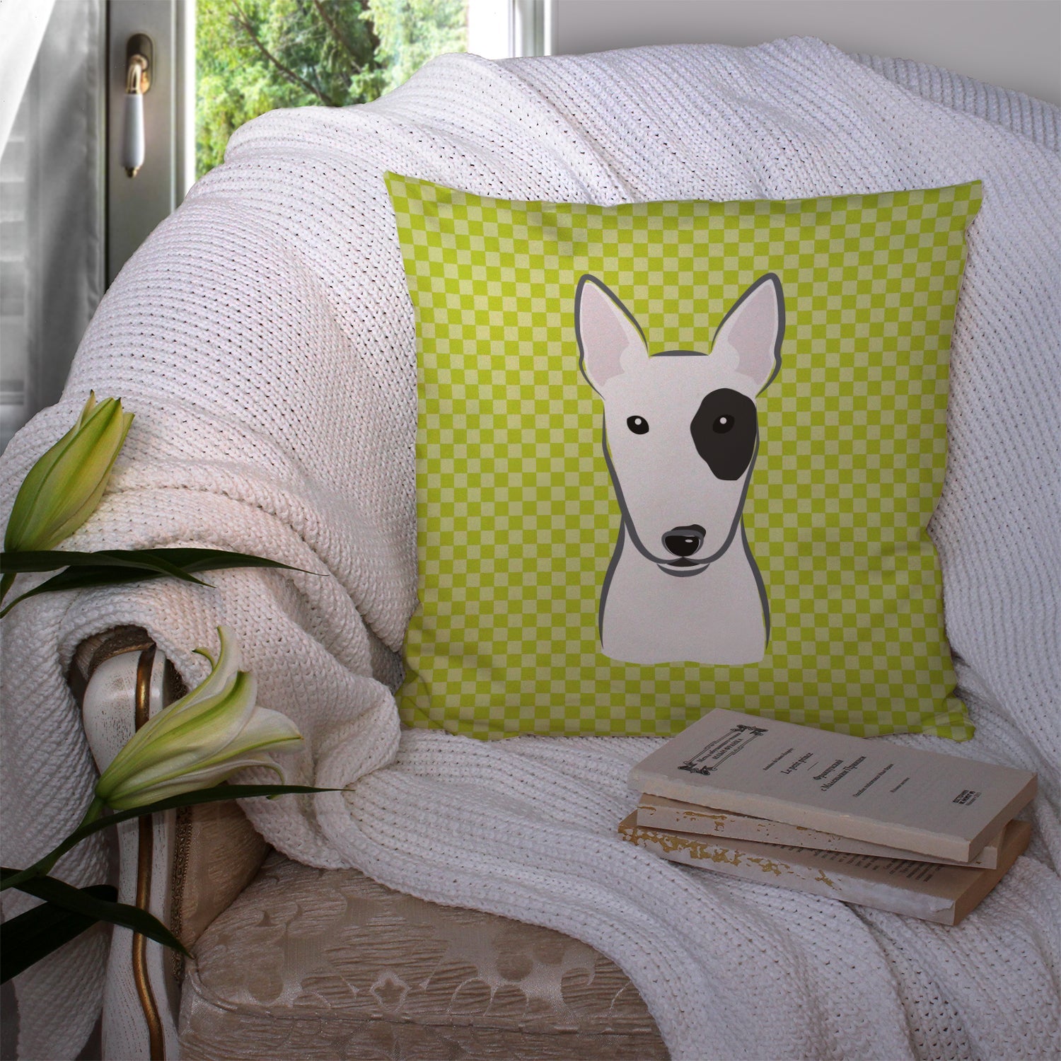 Checkerboard Lime Green Bull Terrier Decorative Throw Pillow 14x14 Indoor Outdoor Accent Cushion, Fabric Cover with Insert for Sofa, Bed, Porch & Living Room