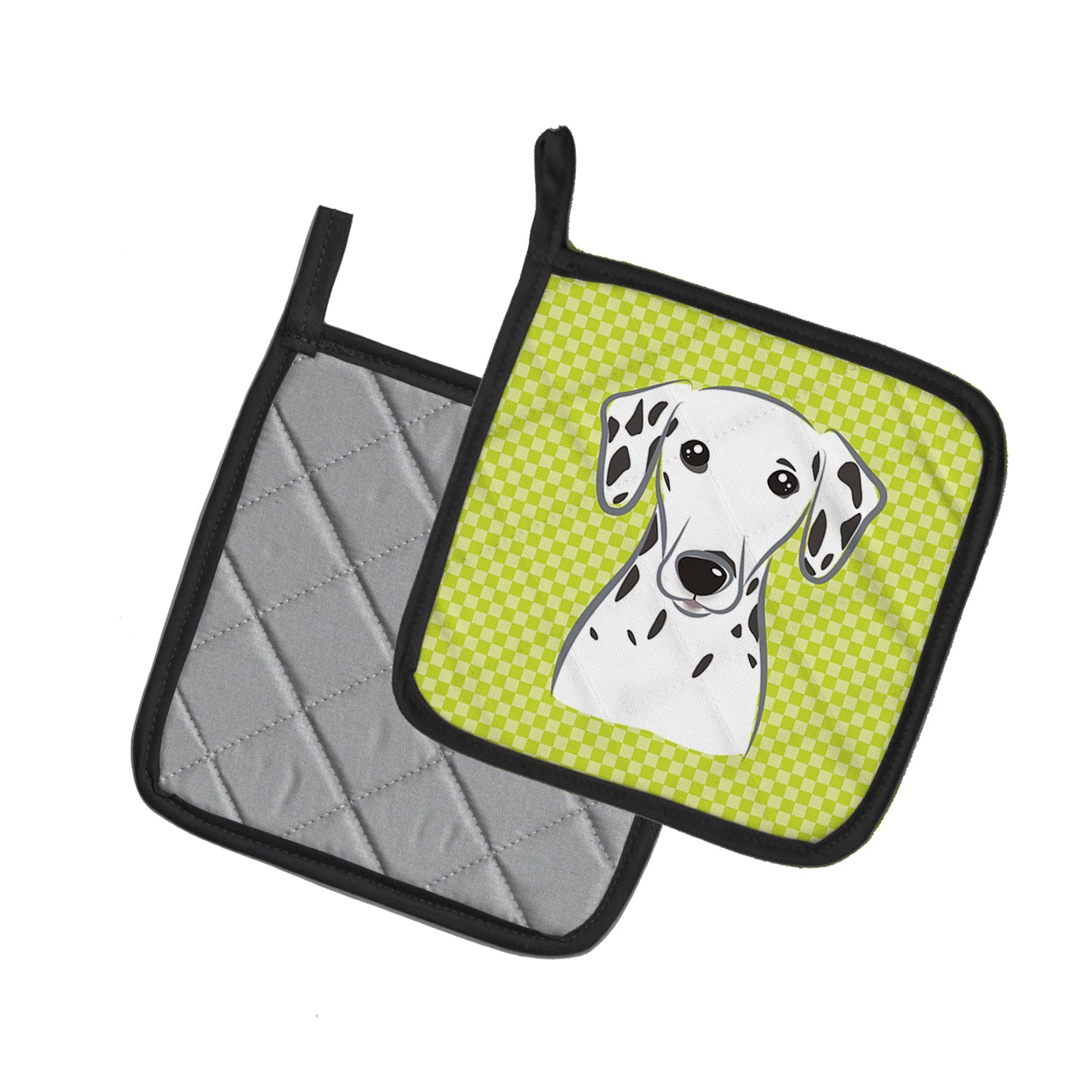 Checkerboard Lime Green Dalmatian Pot Holder Set of 2 Heat Resistant Quilted Hot Pads 7.5 x 7.5 Inch, Insulated Kitchen Trivets for Cooking & Baking