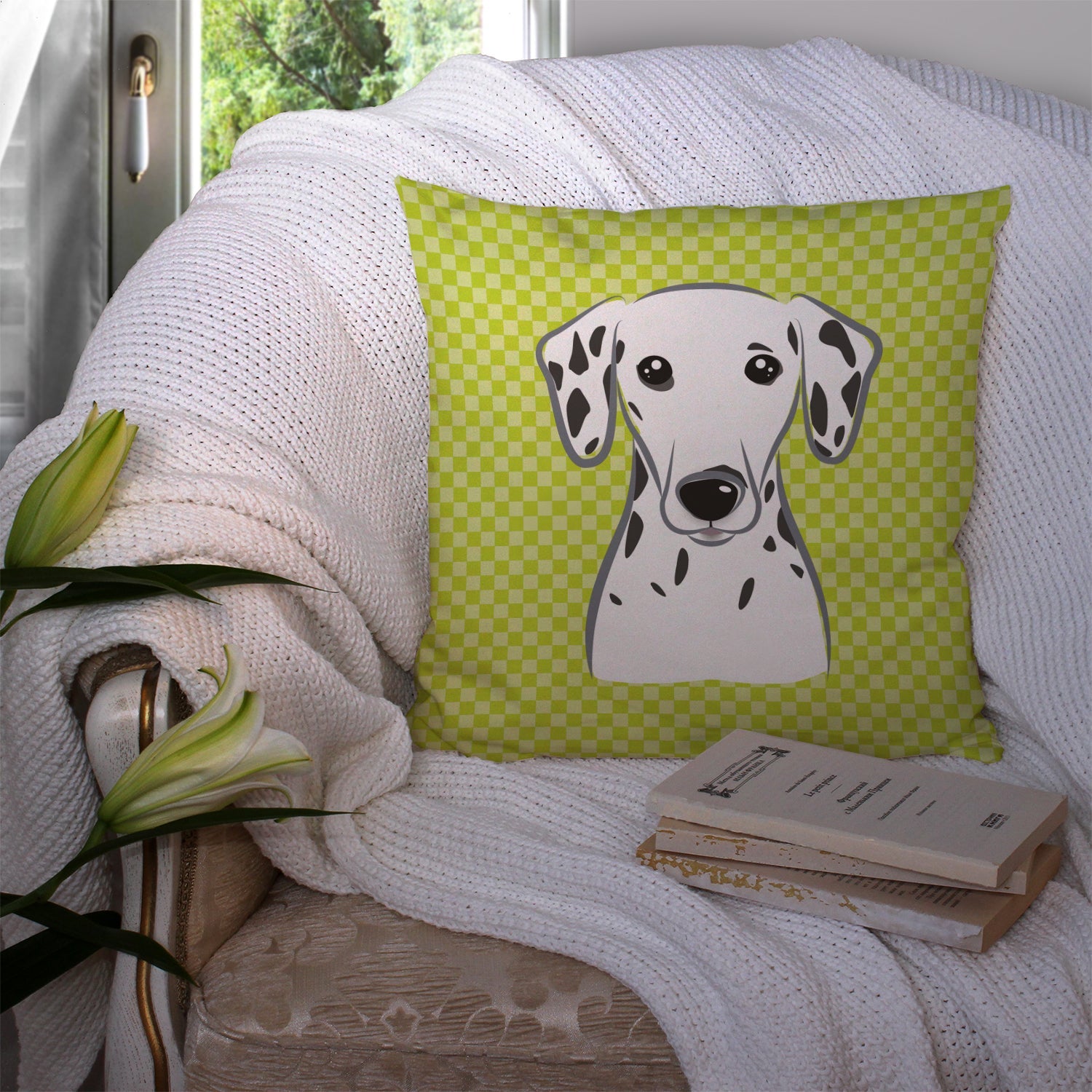 Checkerboard Lime Green Dalmatian Decorative Throw Pillow 14x14 Indoor Outdoor Accent Cushion, Fabric Cover with Insert for Sofa, Bed, Porch & Living Room