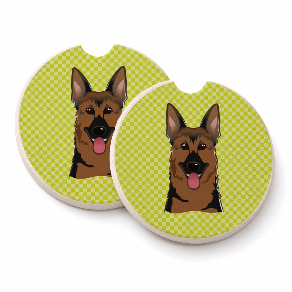 Checkerboard Lime Green German Shepherd Set of 2 Cup Holder Car Coasters Absorbent Round Sandstone Coasters Gifts for Men or Women, 2.5, Multicolor