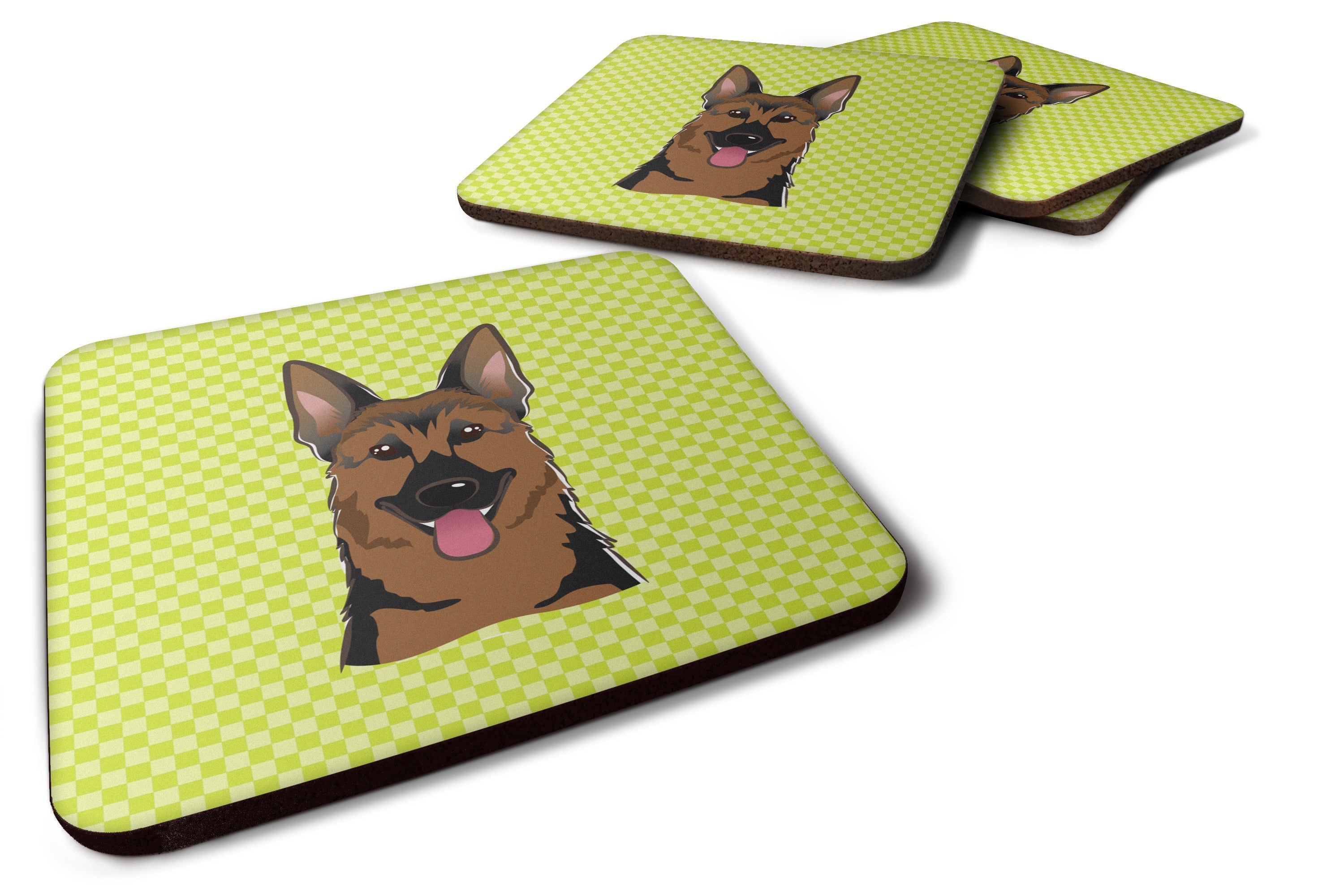 Checkerboard Lime Green German Shepherd Foam Coasters Set of 4 Cup Coasters for Indoor Outdoor, Tabletop Protection, Anti Slip, Mouse pad Material