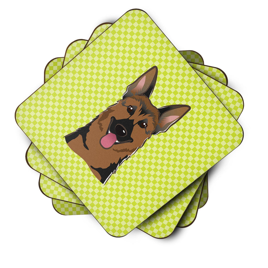 Checkerboard Lime Green German Shepherd Foam Coasters Set of 4 Cup Coasters for Indoor Outdoor, Tabletop Protection, Anti Slip, Mouse pad Material