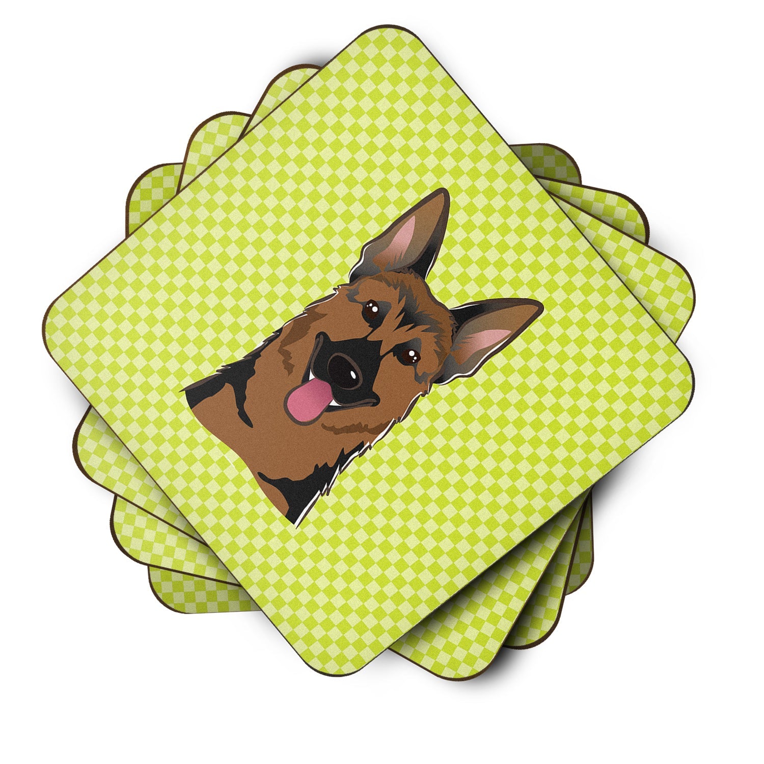 Checkerboard Lime Green German Shepherd Foam Coasters Set of 4 Cup Coasters for Indoor Outdoor, Tabletop Protection, Anti Slip, Mouse pad Material