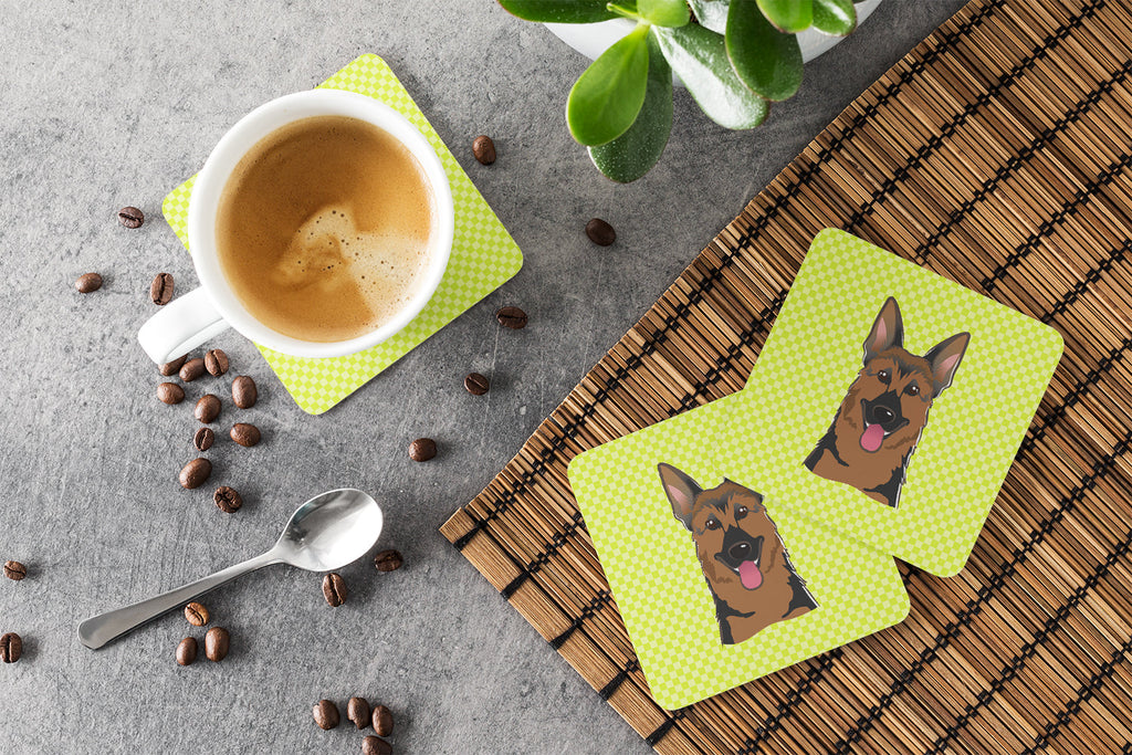 Checkerboard Lime Green German Shepherd Foam Coasters Set of 4 Cup Coasters for Indoor Outdoor, Tabletop Protection, Anti Slip, Mouse pad Material