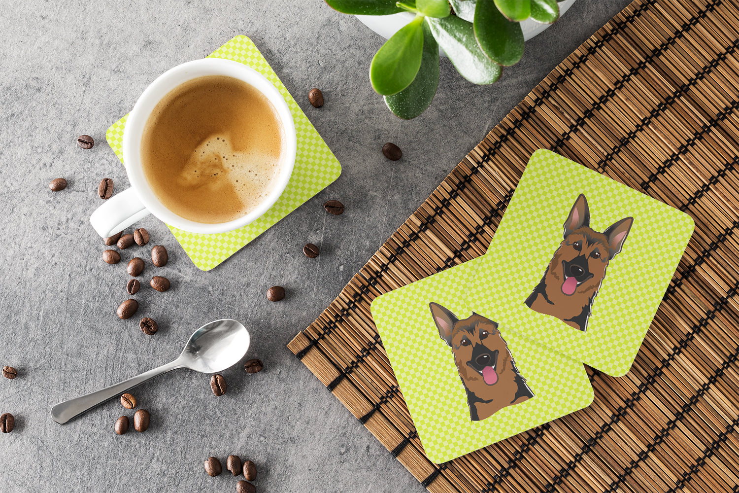 Checkerboard Lime Green German Shepherd Foam Coasters Set of 4 Cup Coasters for Indoor Outdoor, Tabletop Protection, Anti Slip, Mouse pad Material