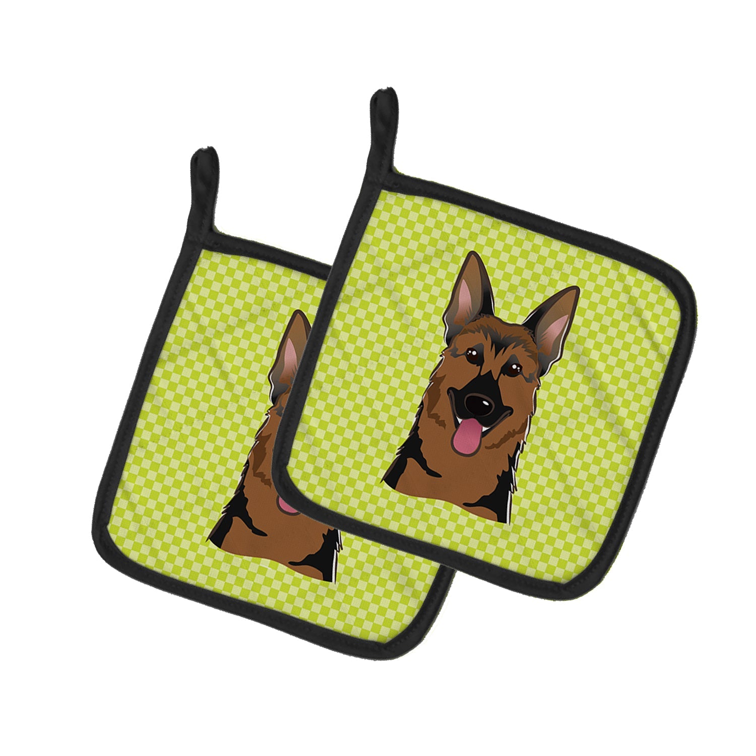 Checkerboard Lime Green German Shepherd Pot Holder Set of 2 Heat Resistant Quilted Hot Pads 7.5 x 7.5 Inch, Insulated Kitchen Trivets for Cooking & Baking