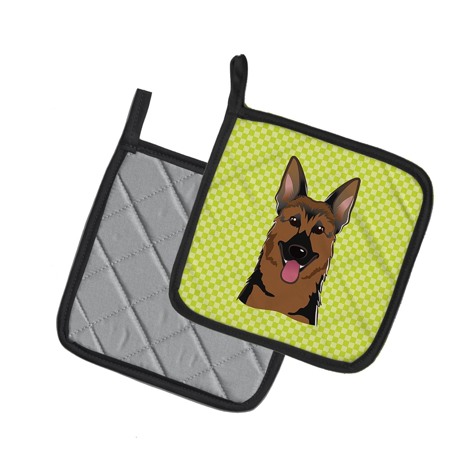 Checkerboard Lime Green German Shepherd Pot Holder Set of 2 Heat Resistant Quilted Hot Pads 7.5 x 7.5 Inch, Insulated Kitchen Trivets for Cooking & Baking