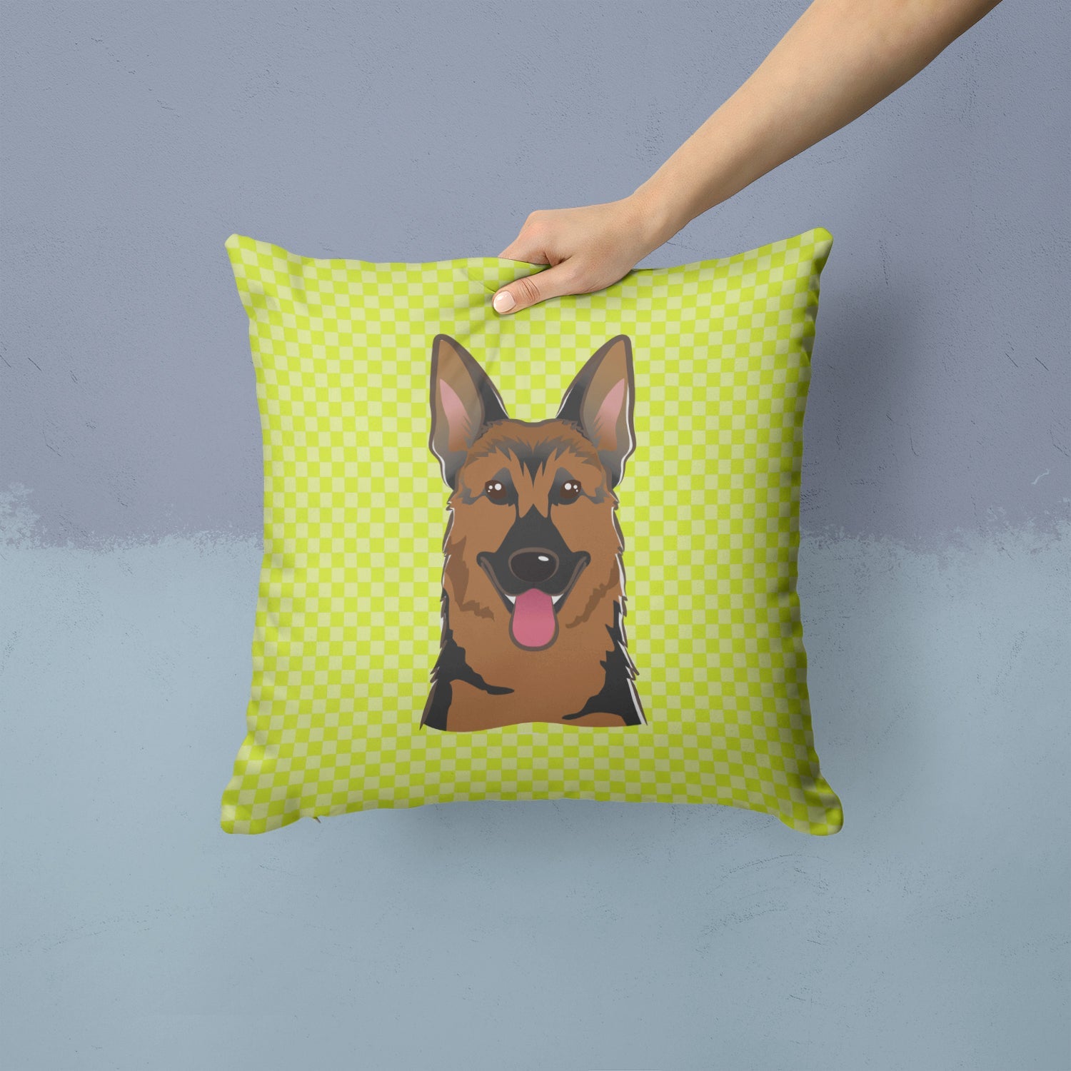 Checkerboard Lime Green German Shepherd Decorative Throw Pillow 14x14 Indoor Outdoor Accent Cushion, Fabric Cover with Insert for Sofa, Bed, Porch & Living Room