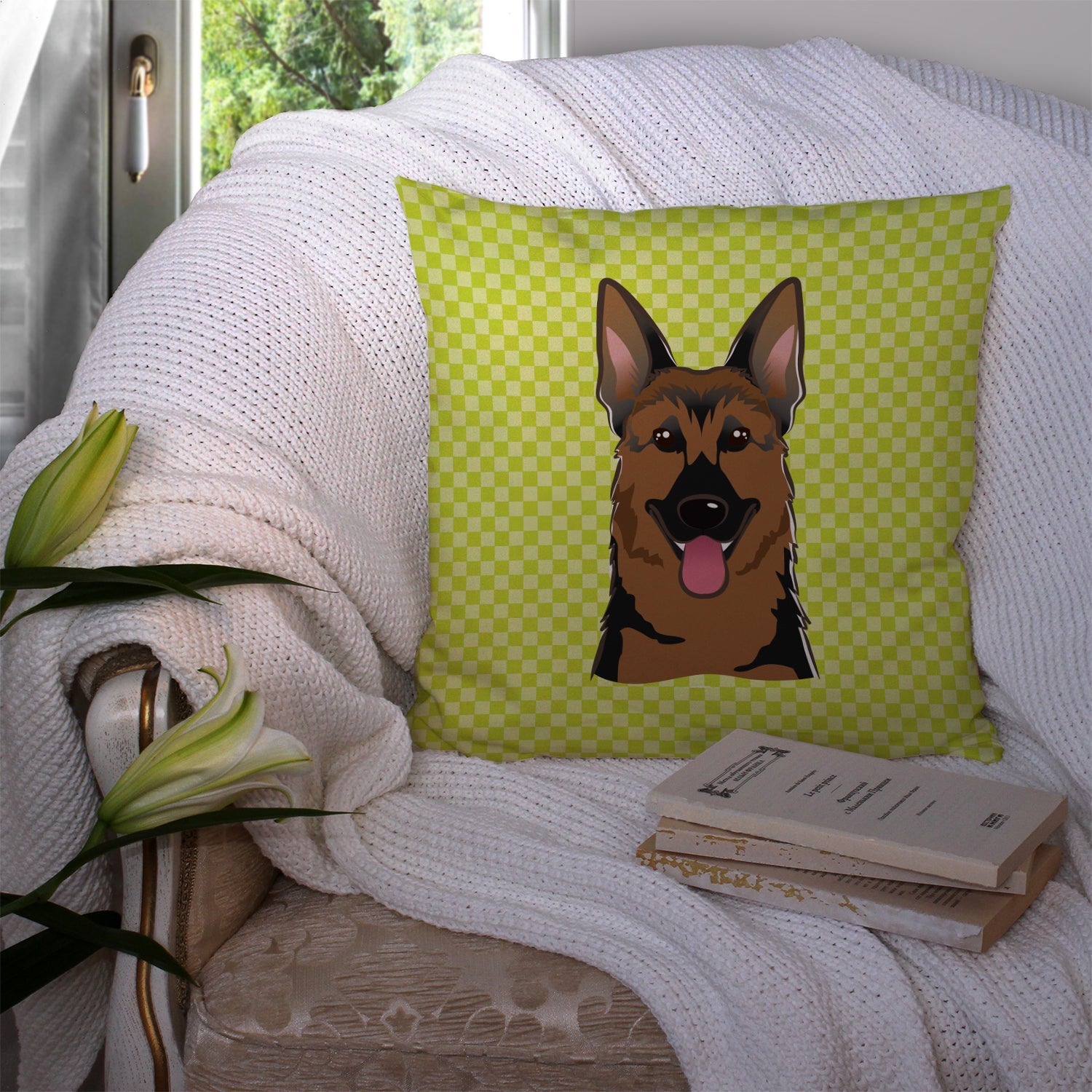 Checkerboard Lime Green German Shepherd Decorative Throw Pillow 14x14 Indoor Outdoor Accent Cushion, Fabric Cover with Insert for Sofa, Bed, Porch & Living Room