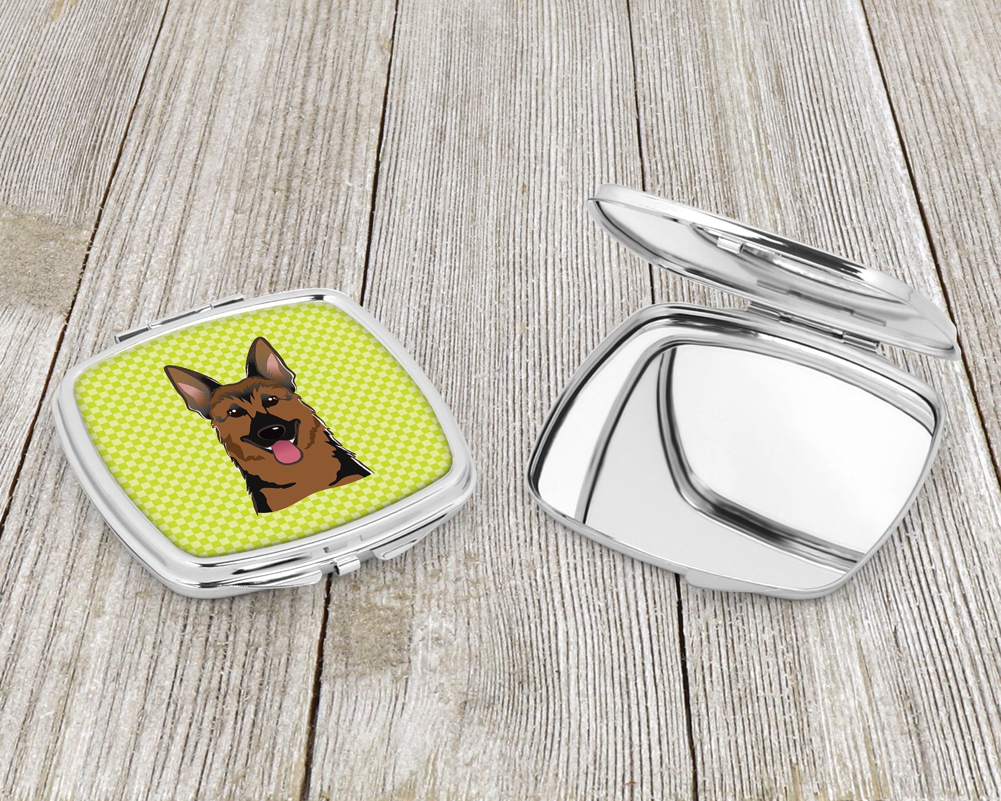 Checkerboard Lime Green German Shepherd Compact Mirror Decorative Travel Makeup Mirror for Women Girls Gifts Pocket Makeup Mirror Folding Handheld