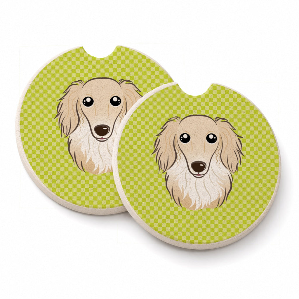 Checkerboard Lime Green Longhair Creme Dachshund Set of 2 Cup Holder Car Coasters Absorbent Round Sandstone Coasters Gifts for Men or Women, 2.5, Multicolor