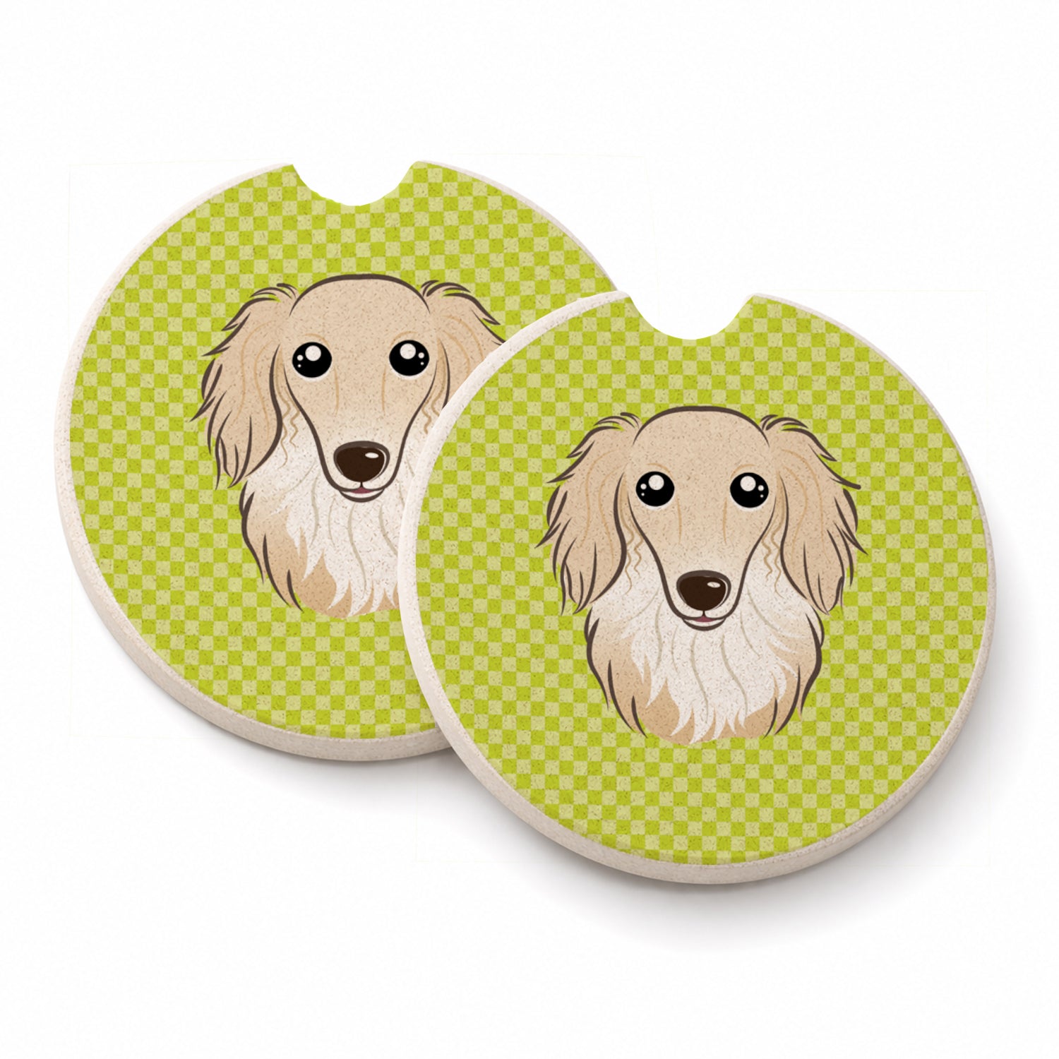 Checkerboard Lime Green Longhair Creme Dachshund Set of 2 Cup Holder Car Coasters Absorbent Round Sandstone Coasters Gifts for Men or Women, 2.5, Multicolor