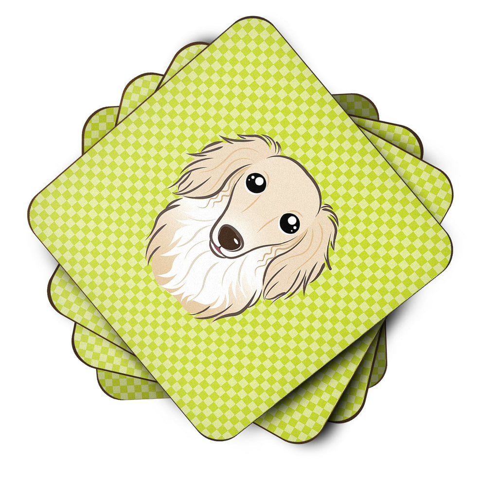 Checkerboard Lime Green Longhair Creme Dachshund Foam Coasters Set of 4 Cup Coasters for Indoor Outdoor, Tabletop Protection, Anti Slip, Mouse pad Material