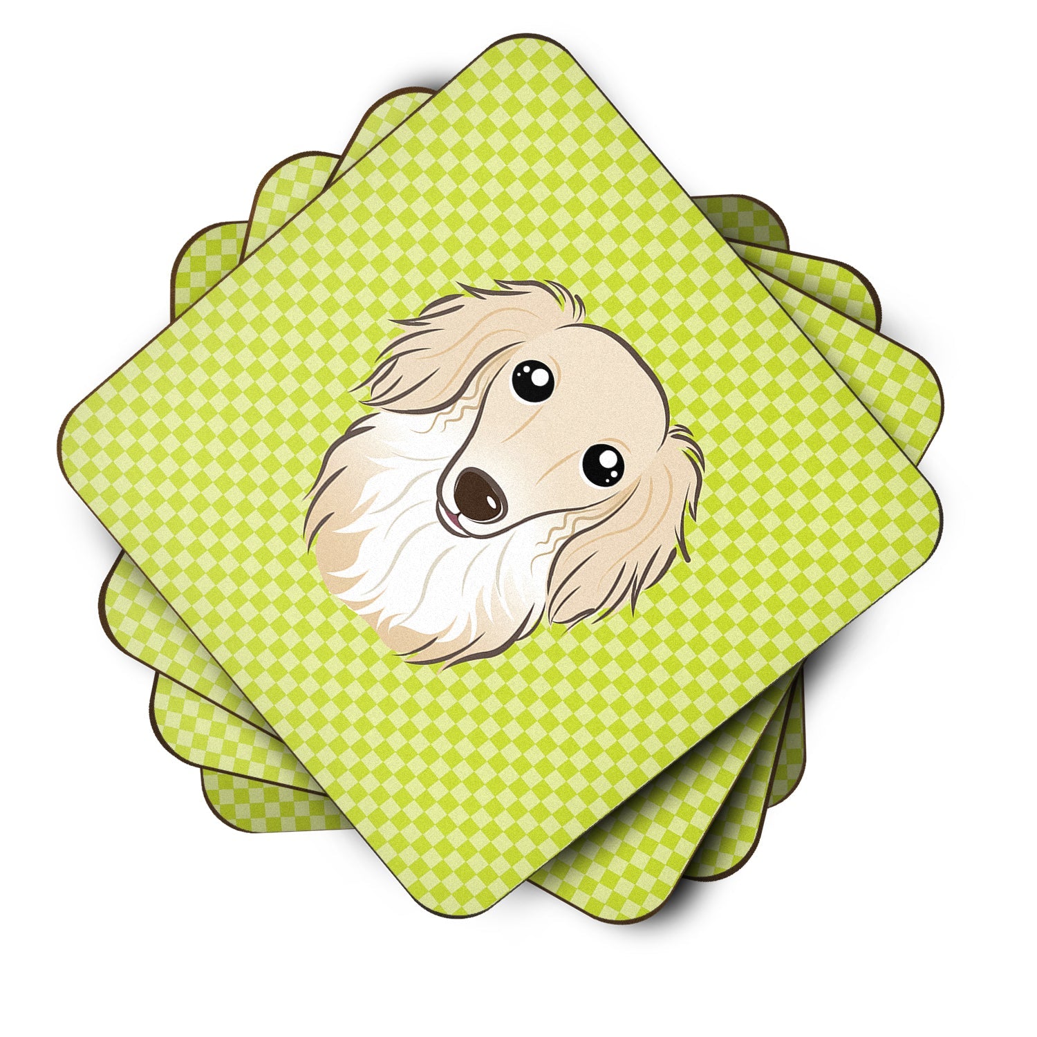 Checkerboard Lime Green Longhair Creme Dachshund Foam Coasters Set of 4 Cup Coasters for Indoor Outdoor, Tabletop Protection, Anti Slip, Mouse pad Material