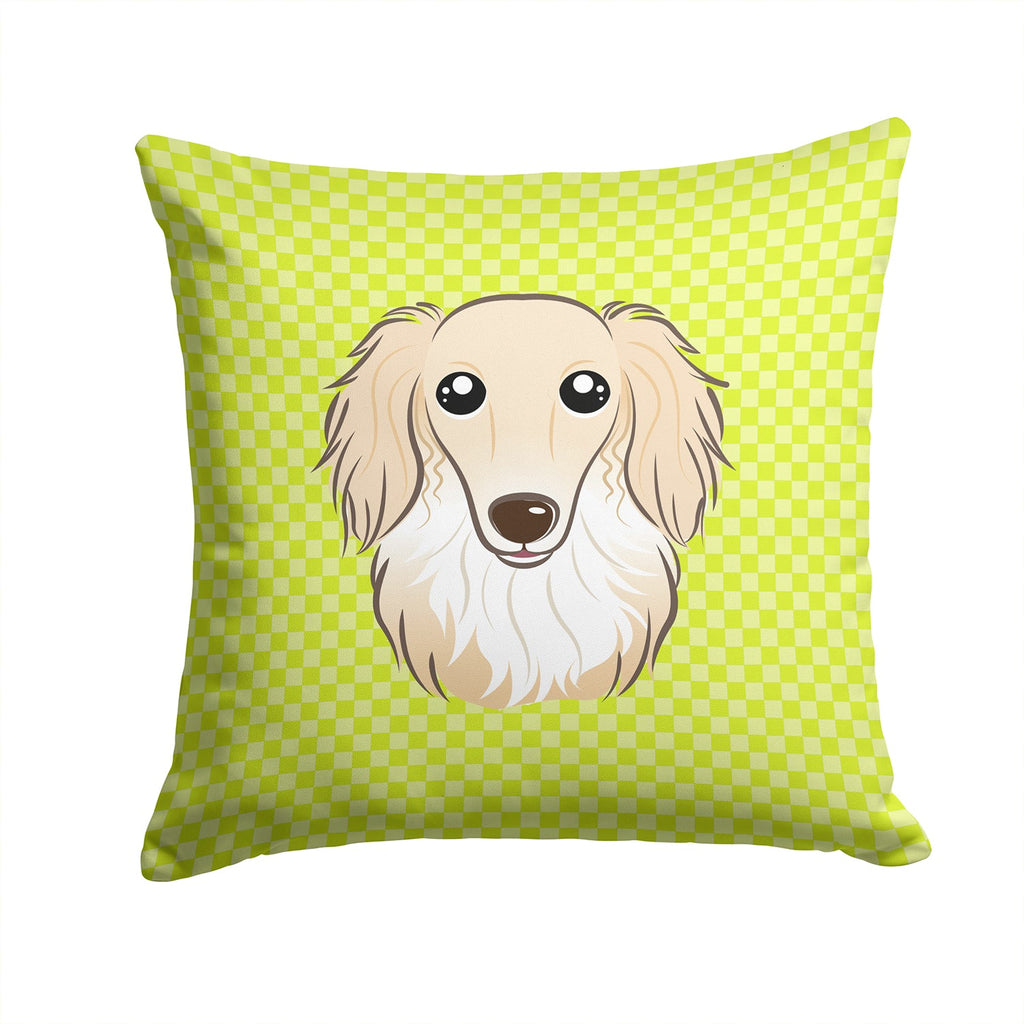 Checkerboard Lime Green Longhair Creme Dachshund Decorative Throw Pillow 14x14 Indoor Outdoor Accent Cushion, Fabric Cover with Insert for Sofa, Bed, Porch & Living Room
