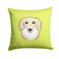 Checkerboard Lime Green Longhair Creme Dachshund Decorative Throw Pillow 14x14 Indoor Outdoor Accent Cushion, Fabric Cover with Insert for Sofa, Bed, Porch & Living Room