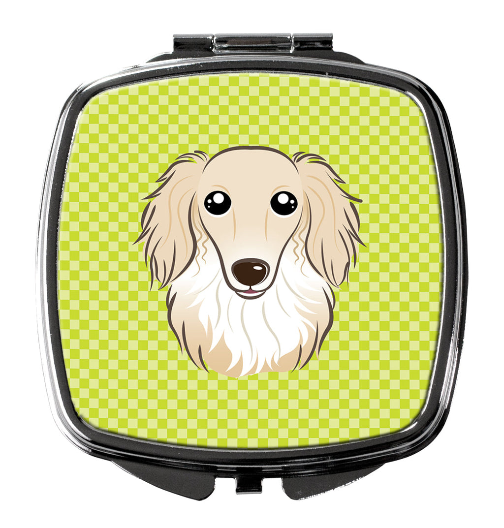 Checkerboard Lime Green Longhair Creme Dachshund Compact Mirror Decorative Travel Makeup Mirror for Women Girls Gifts Pocket Makeup Mirror Folding Handheld