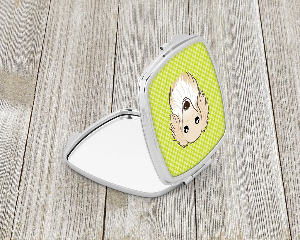 Checkerboard Lime Green Longhair Creme Dachshund Compact Mirror Decorative Travel Makeup Mirror for Women Girls Gifts Pocket Makeup Mirror Folding Handheld