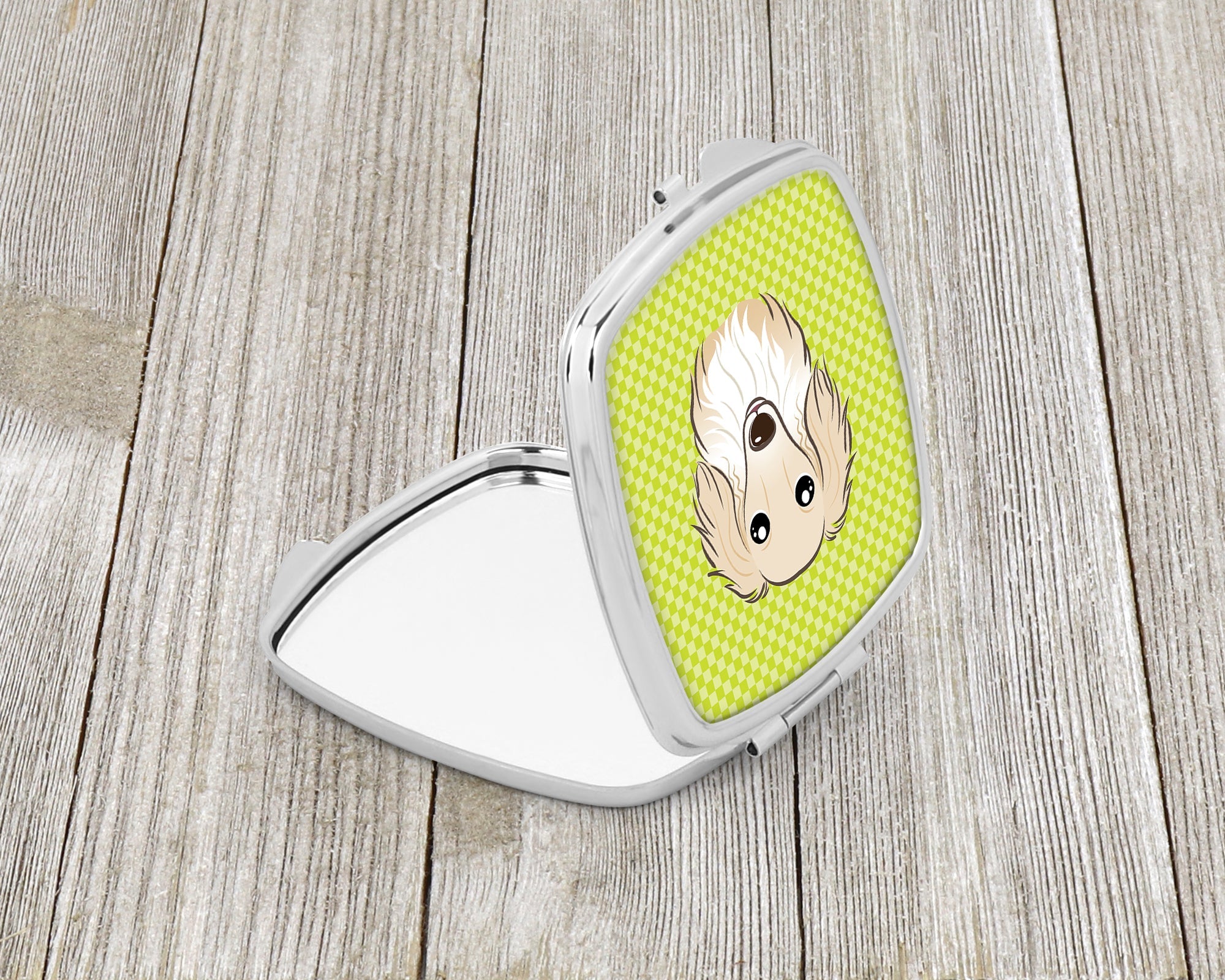 Checkerboard Lime Green Longhair Creme Dachshund Compact Mirror Decorative Travel Makeup Mirror for Women Girls Gifts Pocket Makeup Mirror Folding Handheld