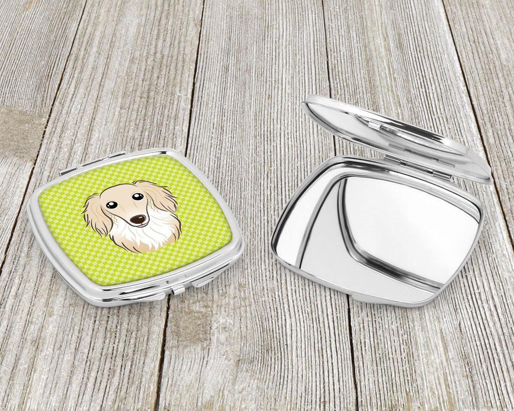 Checkerboard Lime Green Longhair Creme Dachshund Compact Mirror Decorative Travel Makeup Mirror for Women Girls Gifts Pocket Makeup Mirror Folding Handheld