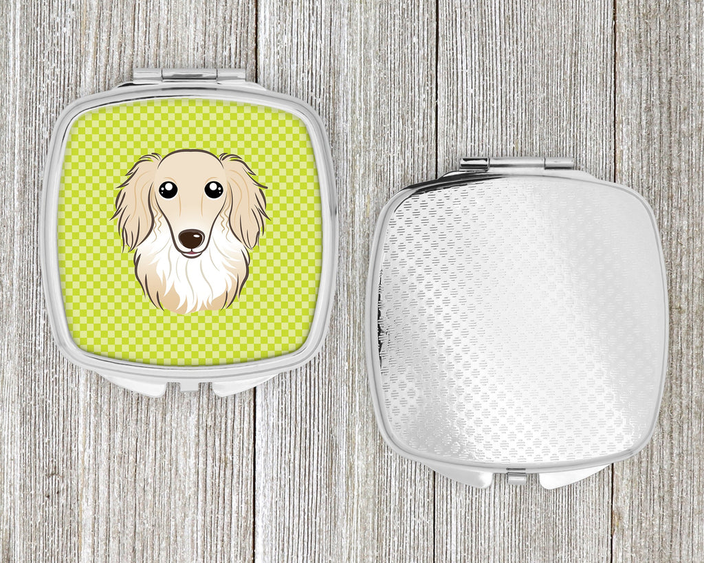 Checkerboard Lime Green Longhair Creme Dachshund Compact Mirror Decorative Travel Makeup Mirror for Women Girls Gifts Pocket Makeup Mirror Folding Handheld