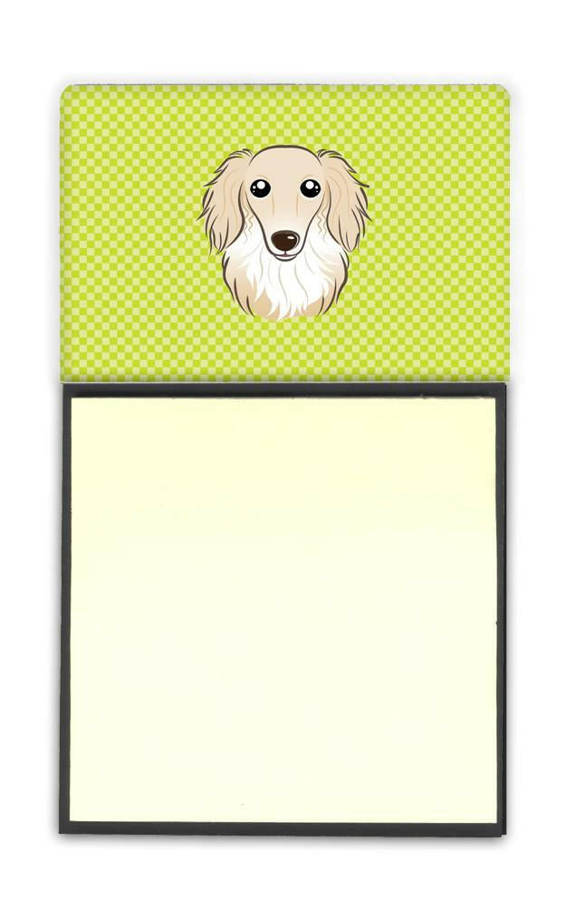 Checkerboard Lime Green Longhair Creme Dachshund Watercolor Sticky Note Holder Refillable Dispenser Desk Accessory 3x3 Pad Gift