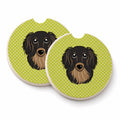Checkerboard Lime Green Longhair Black and Tan Dachshund Set of 2 Cup Holder Car Coasters Absorbent Round Sandstone Coasters Gifts for Men or Women, 2.5, Multicolor