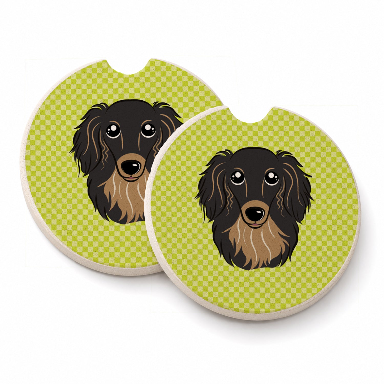 Checkerboard Lime Green Longhair Black and Tan Dachshund Set of 2 Cup Holder Car Coasters Absorbent Round Sandstone Coasters Gifts for Men or Women, 2.5, Multicolor