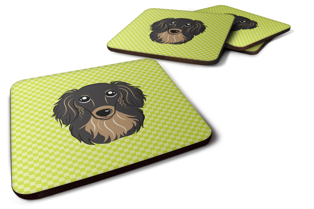 Checkerboard Lime Green Longhair Black and Tan Dachshund Foam Coasters Set of 4 Cup Coasters for Indoor Outdoor, Tabletop Protection, Anti Slip, Mouse pad Material
